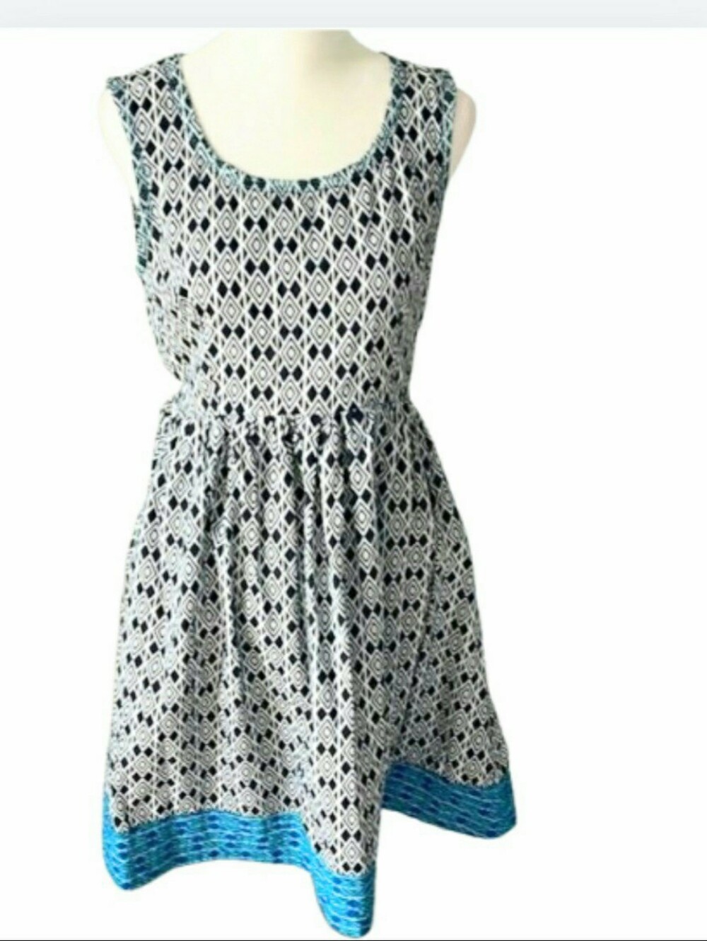 Mata Traders Black & White Geometric Midi Dress with Teal Trim